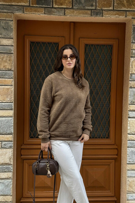 ONE COLOR ROUND NECK FLUFFY WOMEN SWEATSHIRT BROWN/KAFE - 5