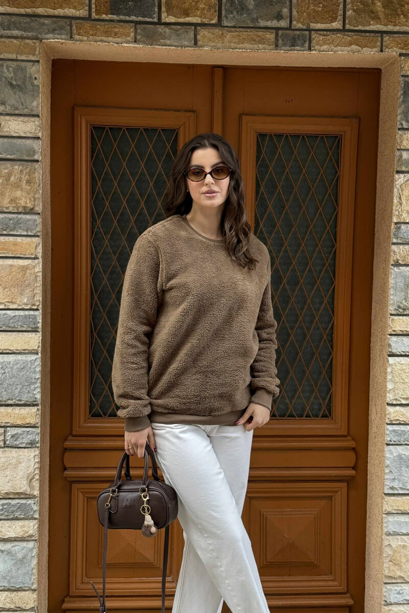 ONE COLOR ROUND NECK FLUFFY WOMEN SWEATSHIRT BROWN/KAFE - 5