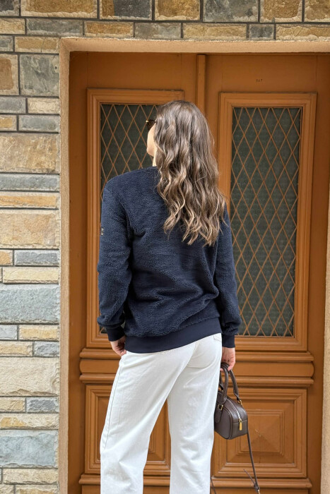 ONE COLOR ROUND NECK FLUFFY WOMEN SWEATSHIRT DARK BLUE/BEE - 2