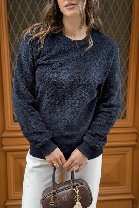 ONE COLOR ROUND NECK FLUFFY WOMEN SWEATSHIRT DARK BLUE/BEE - 3