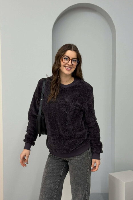 ONE COLOR ROUND NECK FLUFFY WOMEN SWEATSHIRT DARK GREY/GEE 
