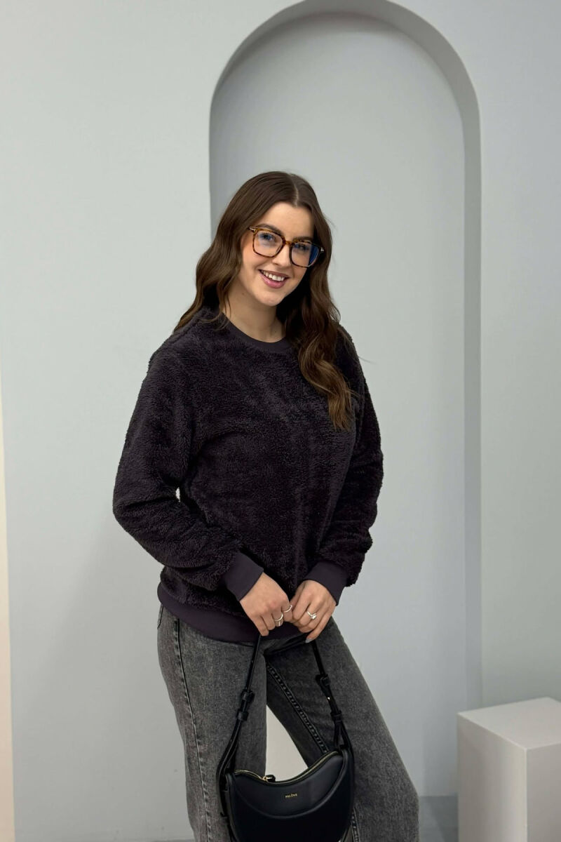 ONE COLOR ROUND NECK FLUFFY WOMEN SWEATSHIRT DARK GREY/GEE - 2