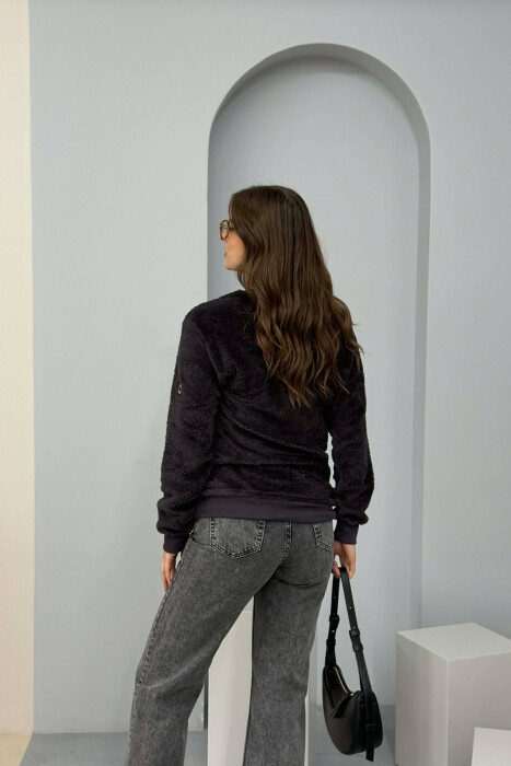 ONE COLOR ROUND NECK FLUFFY WOMEN SWEATSHIRT DARK GREY/GEE - 4