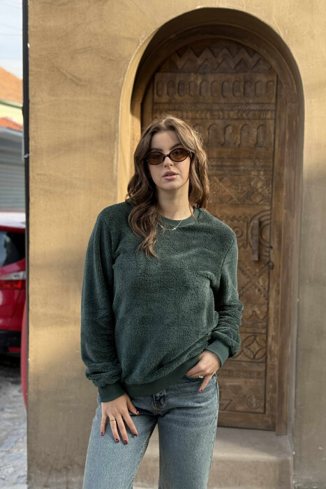 ONE COLOR ROUND NECK FLUFFY WOMEN SWEATSHIRT GREEN/JESHILE 