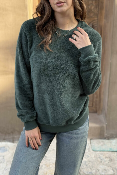 ONE COLOR ROUND NECK FLUFFY WOMEN SWEATSHIRT GREEN/JESHILE - 3