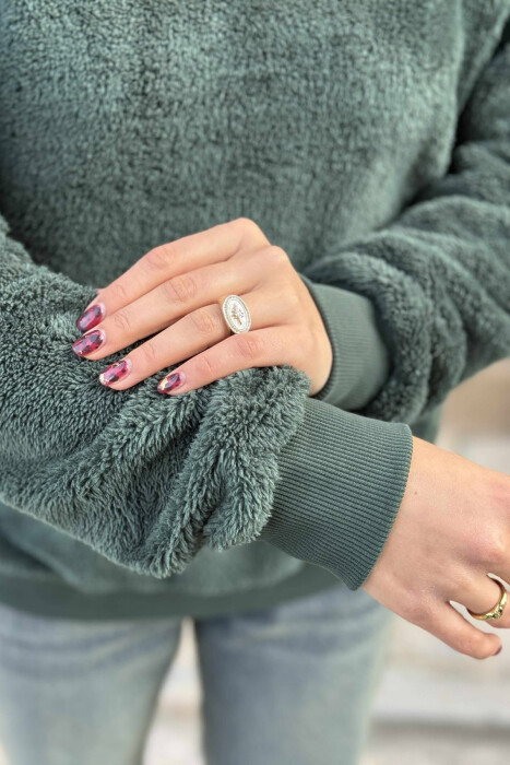 ONE COLOR ROUND NECK FLUFFY WOMEN SWEATSHIRT GREEN/JESHILE - 4