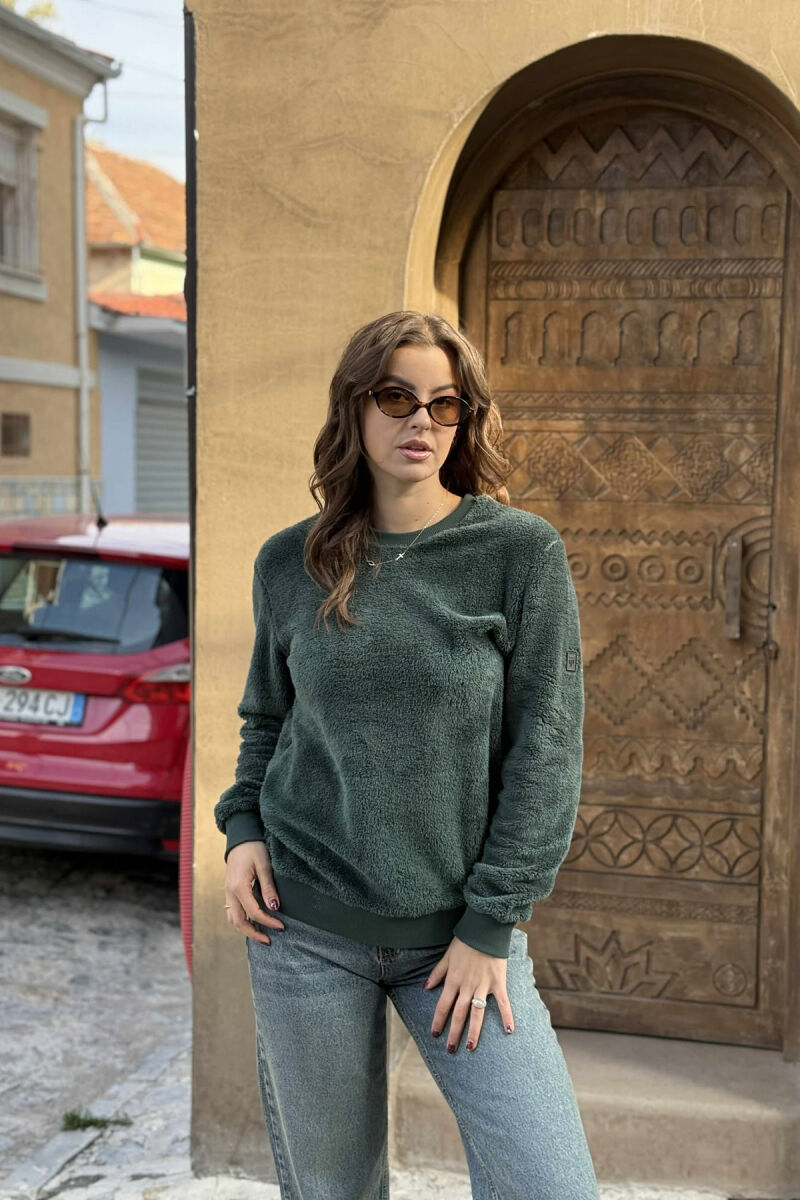 ONE COLOR ROUND NECK FLUFFY WOMEN SWEATSHIRT GREEN/JESHILE - 5