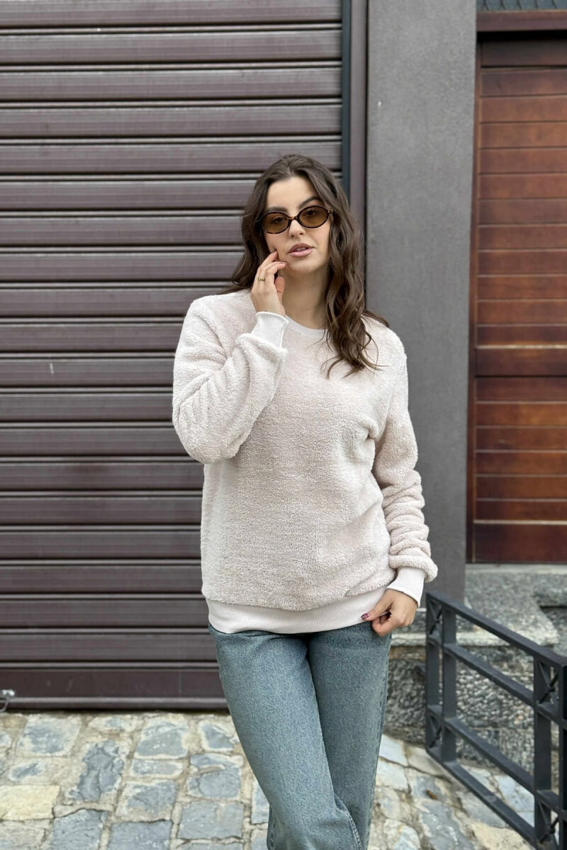 ONE COLOR ROUND NECK FLUFFY WOMEN SWEATSHIRT POWDER/PUDER - 2