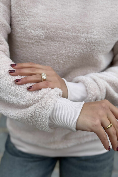 ONE COLOR ROUND NECK FLUFFY WOMEN SWEATSHIRT POWDER/PUDER - 5