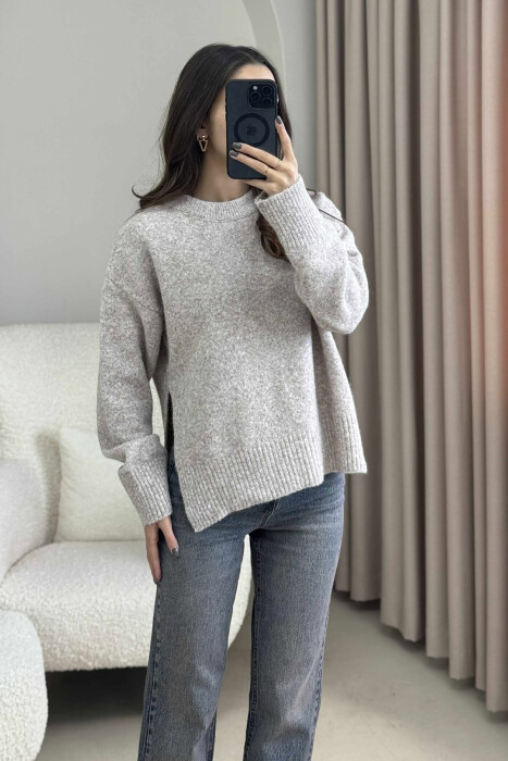 ONE COLOR ROUND NECK KNITTED WOMEN SWEATER BEIGE/BEZHE - 3