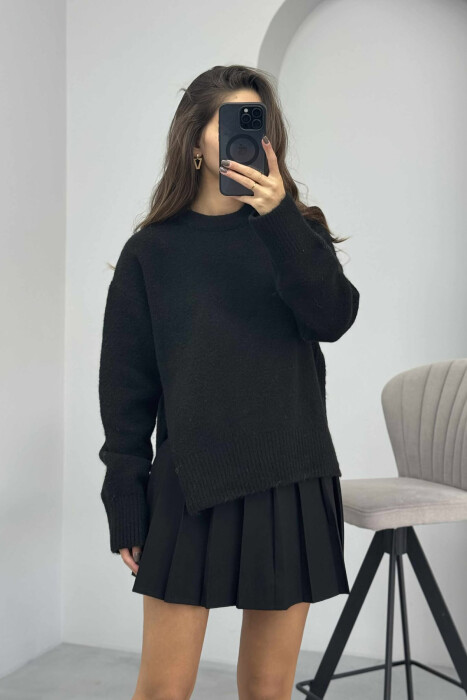 ONE COLOR ROUND NECK KNITTED WOMEN SWEATER BLACK/ E ZEZE - 3