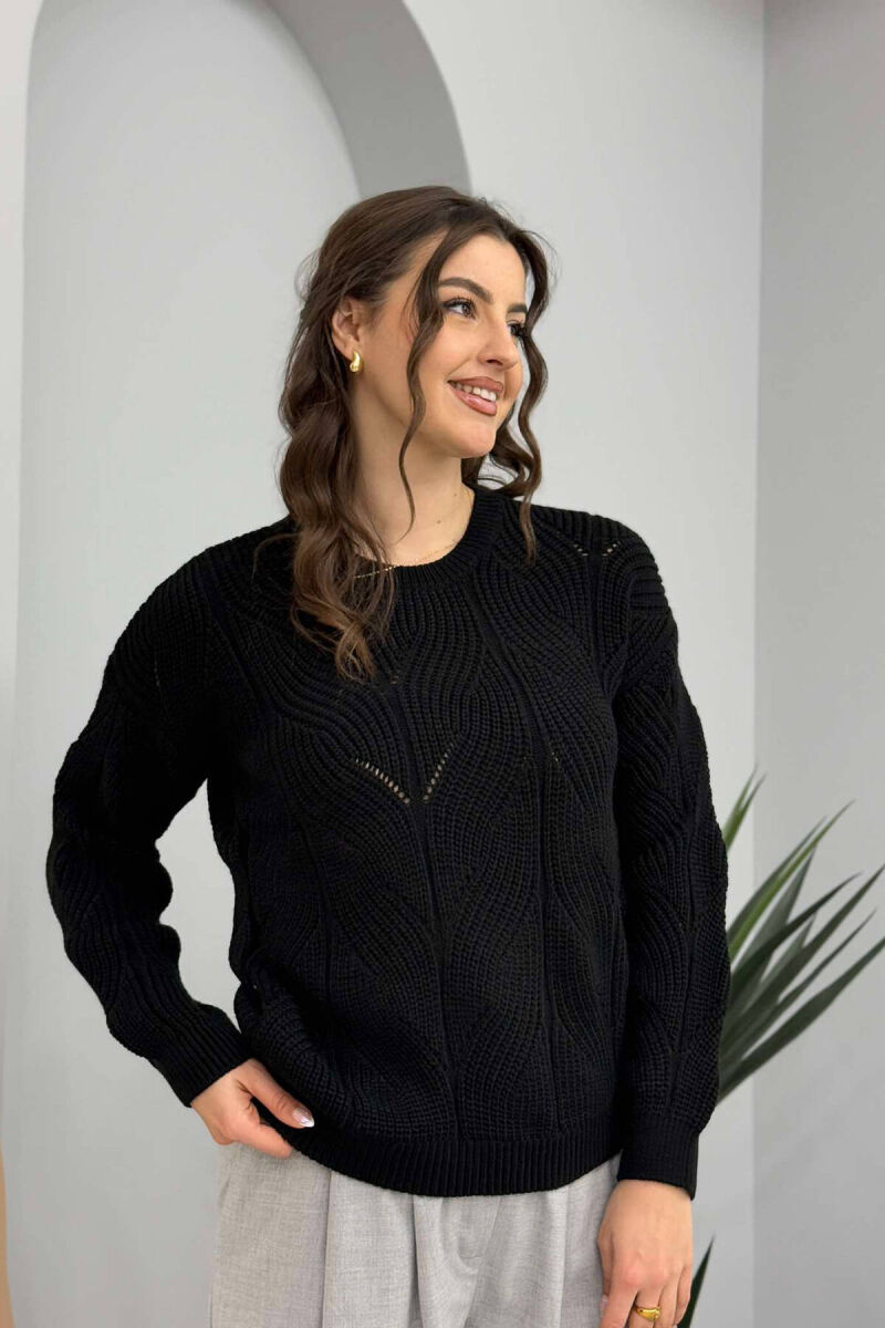 ONE COLOR ROUND NECK KNITTED WOMEN SWEATER BLACK/ E ZEZE - 1