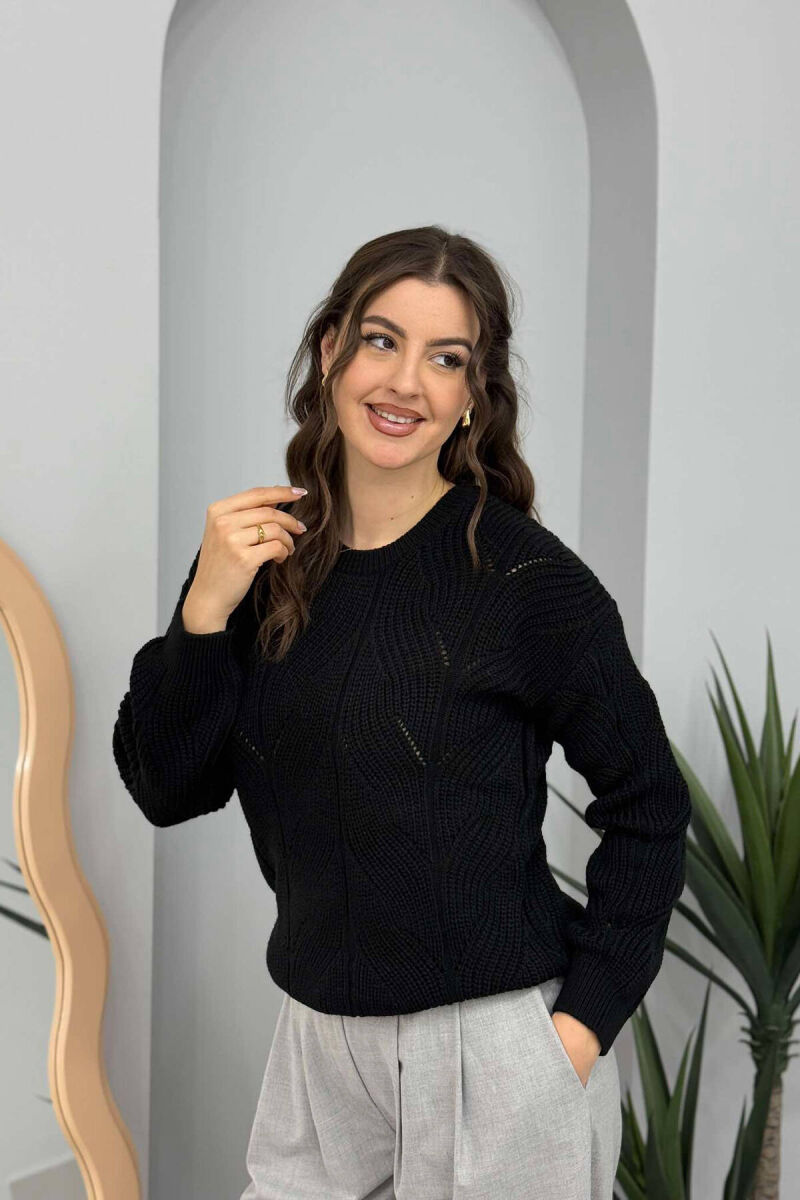 ONE COLOR ROUND NECK KNITTED WOMEN SWEATER BLACK/ E ZEZE - 2