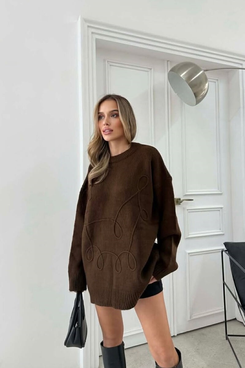 ONE COLOR ROUND NECK KNITTED WOMEN SWEATER BROWN/KAFE - 1