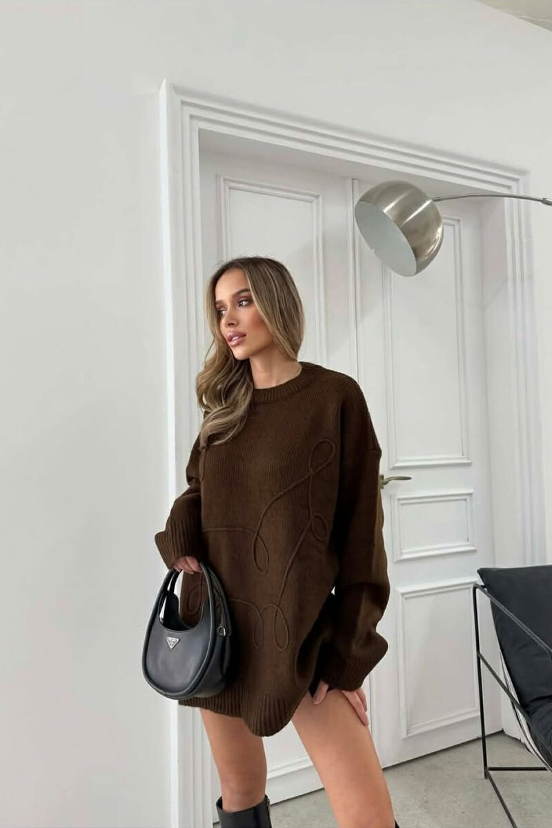 ONE COLOR ROUND NECK KNITTED WOMEN SWEATER BROWN/KAFE - 2