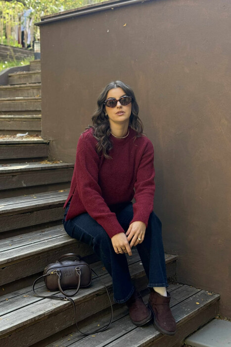 ONE COLOR ROUND NECK KNITTED WOMEN SWEATER BURGUNDY/VISHNJE - 4
