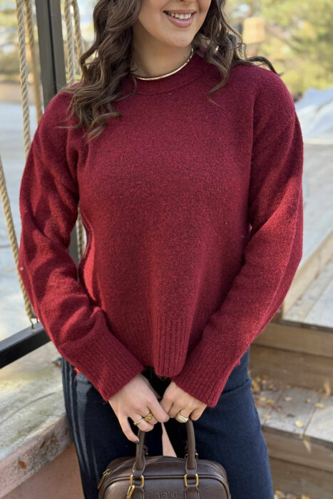 ONE COLOR ROUND NECK KNITTED WOMEN SWEATER BURGUNDY/VISHNJE - 5
