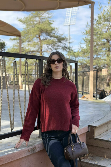 ONE COLOR ROUND NECK KNITTED WOMEN SWEATER BURGUNDY/VISHNJE - 2