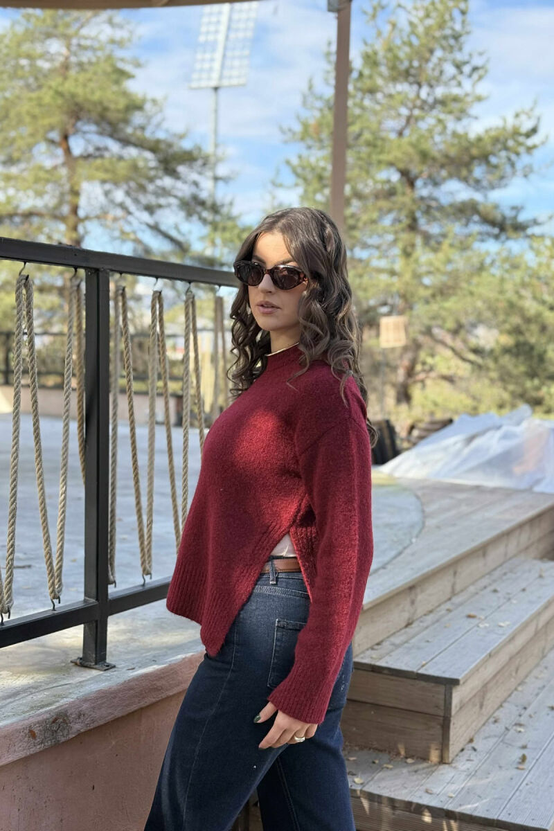 ONE COLOR ROUND NECK KNITTED WOMEN SWEATER BURGUNDY/VISHNJE - 3