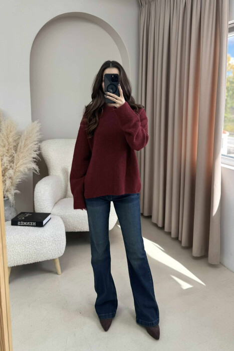 ONE COLOR ROUND NECK KNITTED WOMEN SWEATER BURGUNDY/VISHNJE - 6