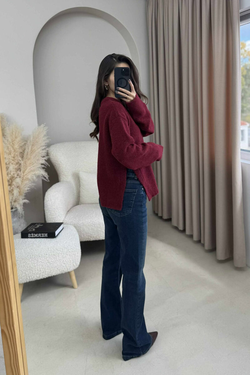 ONE COLOR ROUND NECK KNITTED WOMEN SWEATER BURGUNDY/VISHNJE - 8