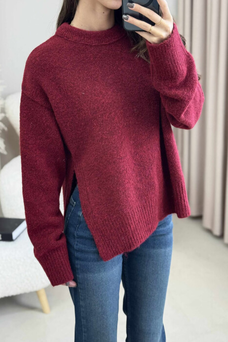 ONE COLOR ROUND NECK KNITTED WOMEN SWEATER BURGUNDY/VISHNJE - 9