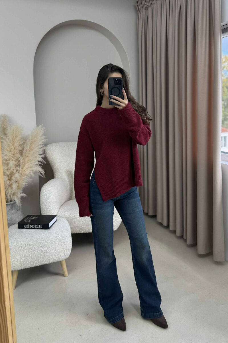 ONE COLOR ROUND NECK KNITTED WOMEN SWEATER BURGUNDY/VISHNJE - 7