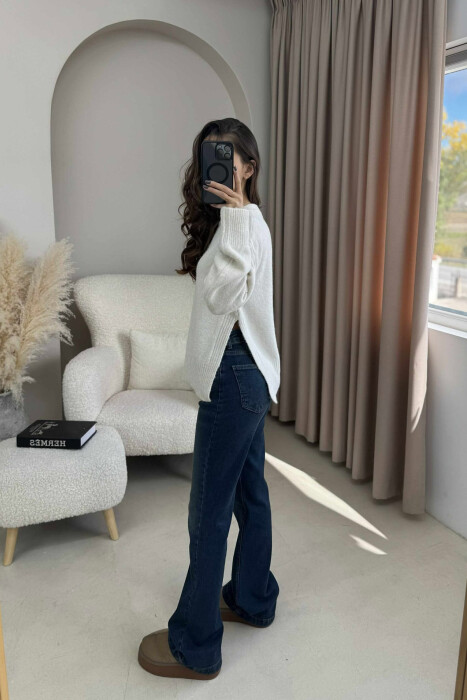 ONE COLOR ROUND NECK KNITTED WOMEN SWEATER CREAM/KREM - 2