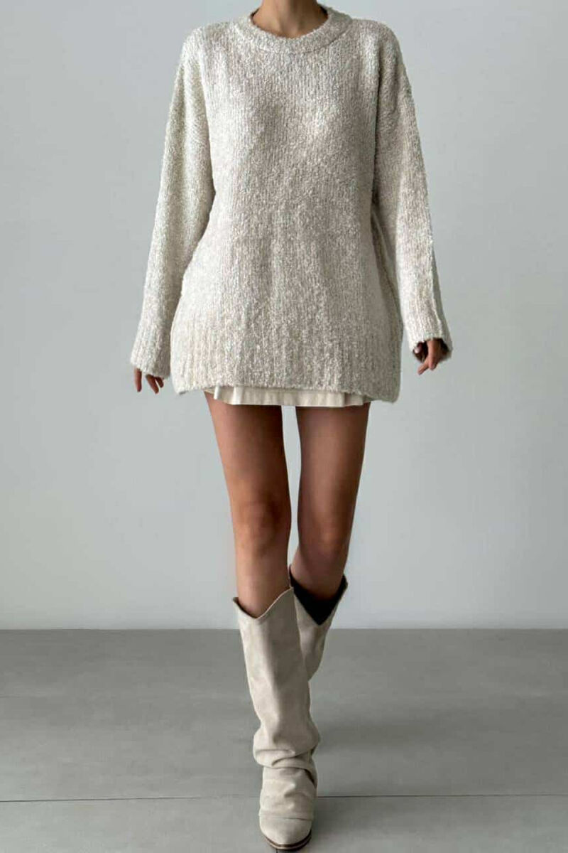 ONE COLOR ROUND NECK KNITTED WOMEN SWEATER CREAM/KREM - 1