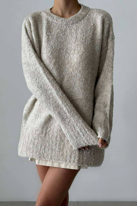 ONE COLOR ROUND NECK KNITTED WOMEN SWEATER CREAM/KREM - 2