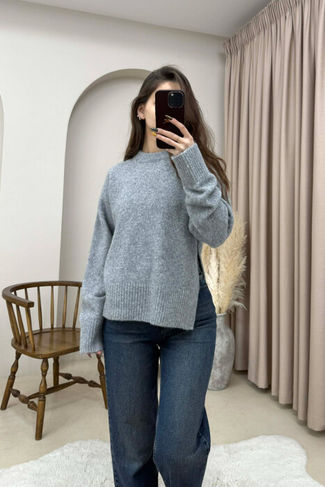 ONE COLOR ROUND NECK KNITTED WOMEN SWEATER GREY-GREY/GG 