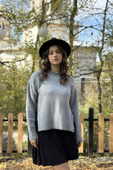 ONE COLOR ROUND NECK KNITTED WOMEN SWEATER GREY-GREY/GG - 2