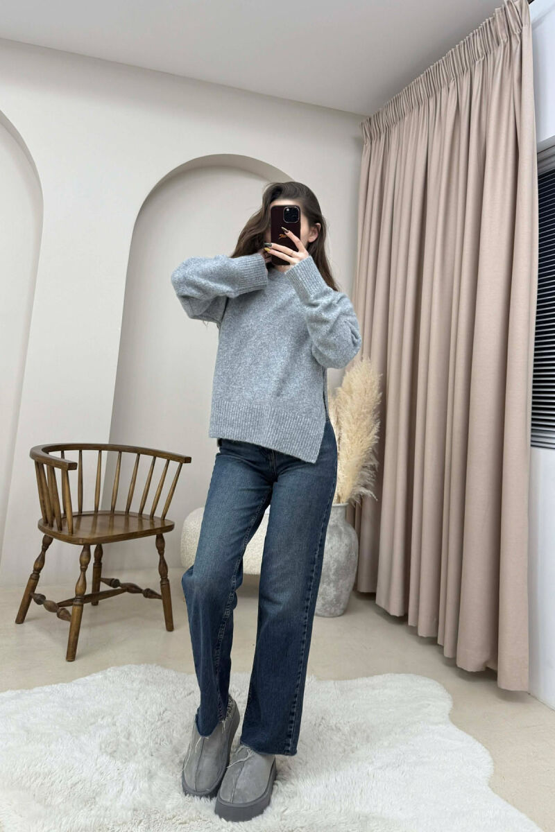 ONE COLOR ROUND NECK KNITTED WOMEN SWEATER GREY-GREY/GG - 2