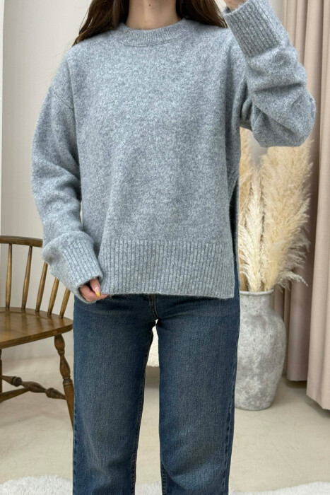 ONE COLOR ROUND NECK KNITTED WOMEN SWEATER GREY-GREY/GG - 4
