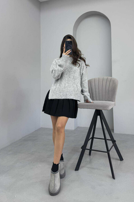 ONE COLOR ROUND NECK KNITTED WOMEN SWEATER GREY/GRI 