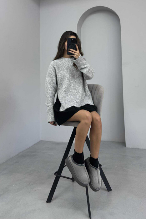 ONE COLOR ROUND NECK KNITTED WOMEN SWEATER GREY/GRI - 2