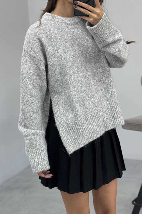 ONE COLOR ROUND NECK KNITTED WOMEN SWEATER GREY/GRI - 4