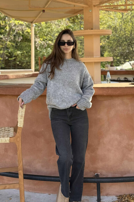 ONE COLOR ROUND NECK KNITTED WOMEN SWEATER GREY/GRI 