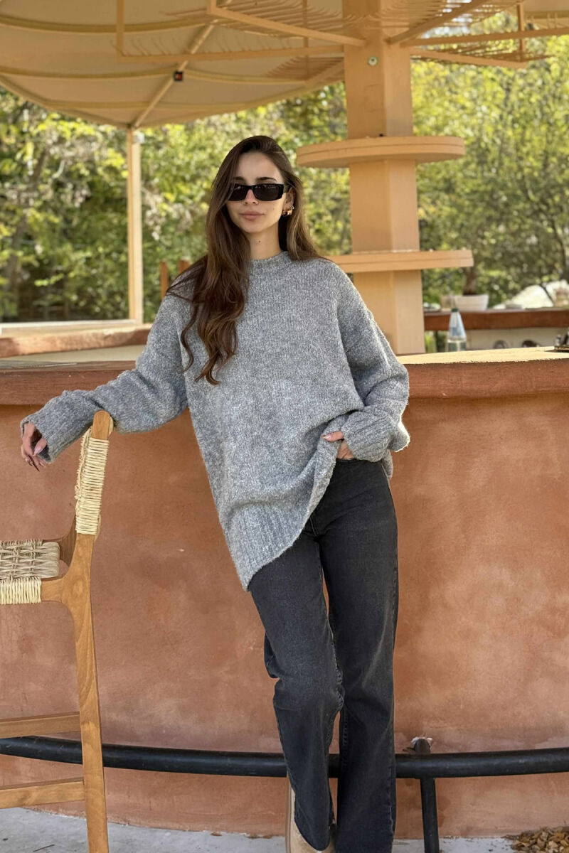 ONE COLOR ROUND NECK KNITTED WOMEN SWEATER GREY/GRI - 2