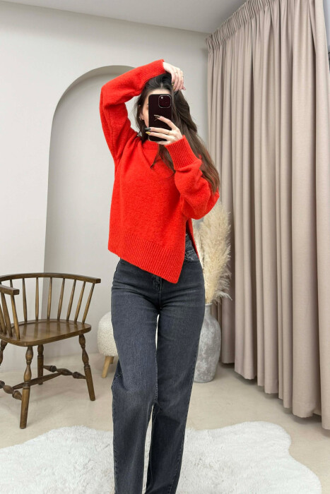 ONE COLOR ROUND NECK KNITTED WOMEN SWEATER ORANGE/PORTOKALLI 