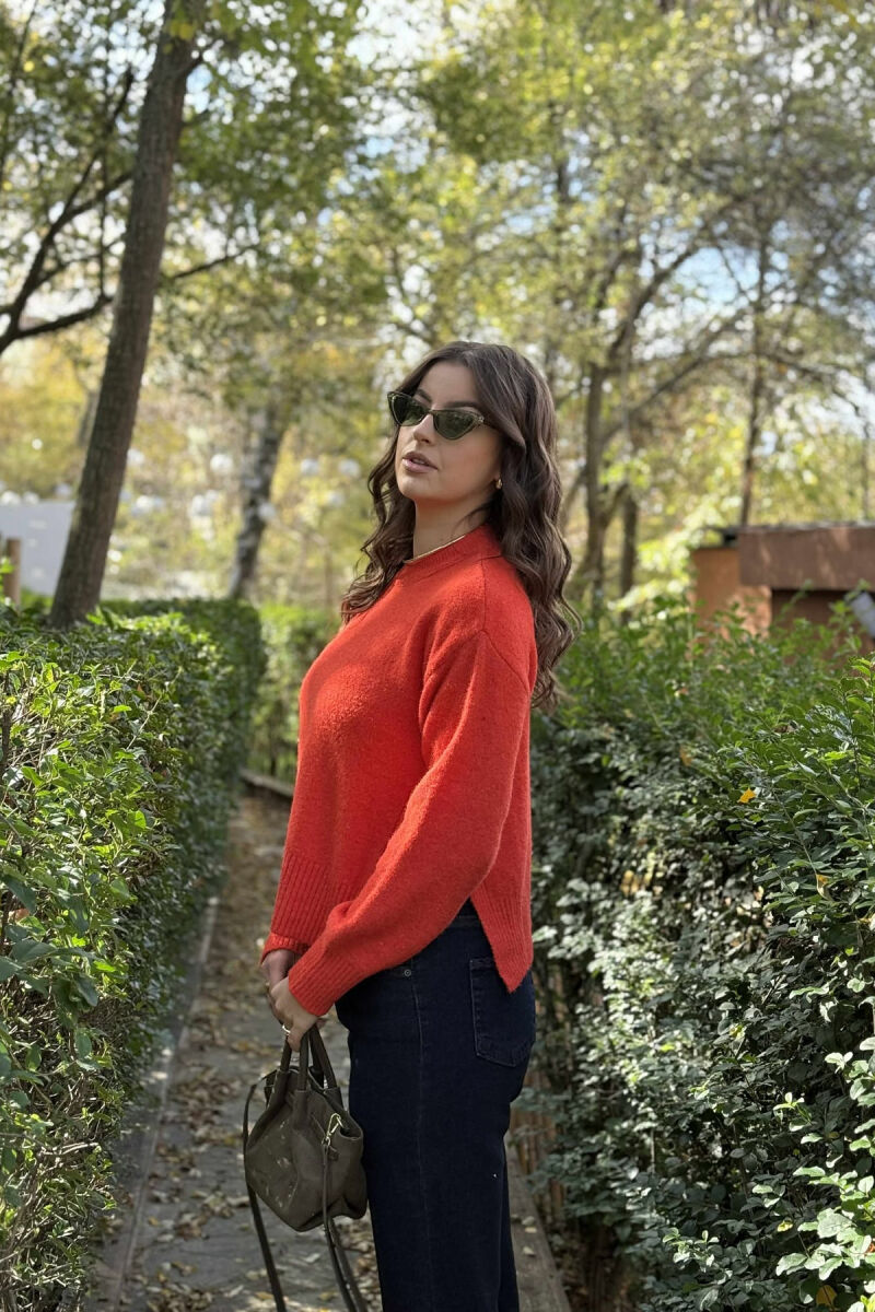 ONE COLOR ROUND NECK KNITTED WOMEN SWEATER ORANGE/PORTOKALLI - 3