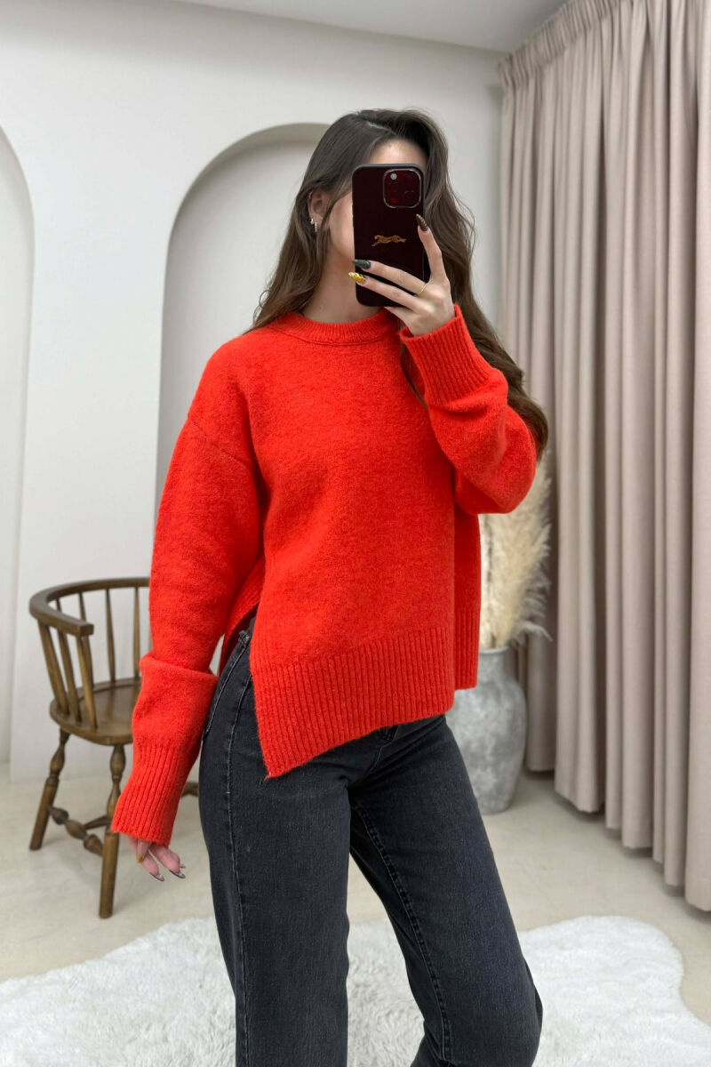 ONE COLOR ROUND NECK KNITTED WOMEN SWEATER ORANGE/PORTOKALLI - 2