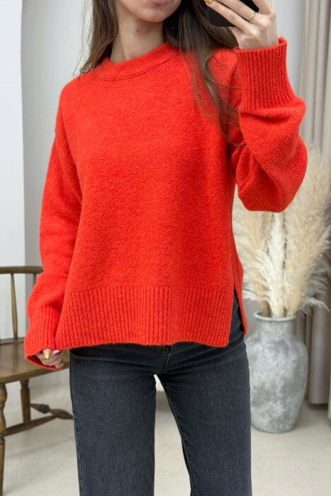 ONE COLOR ROUND NECK KNITTED WOMEN SWEATER ORANGE/PORTOKALLI - 3