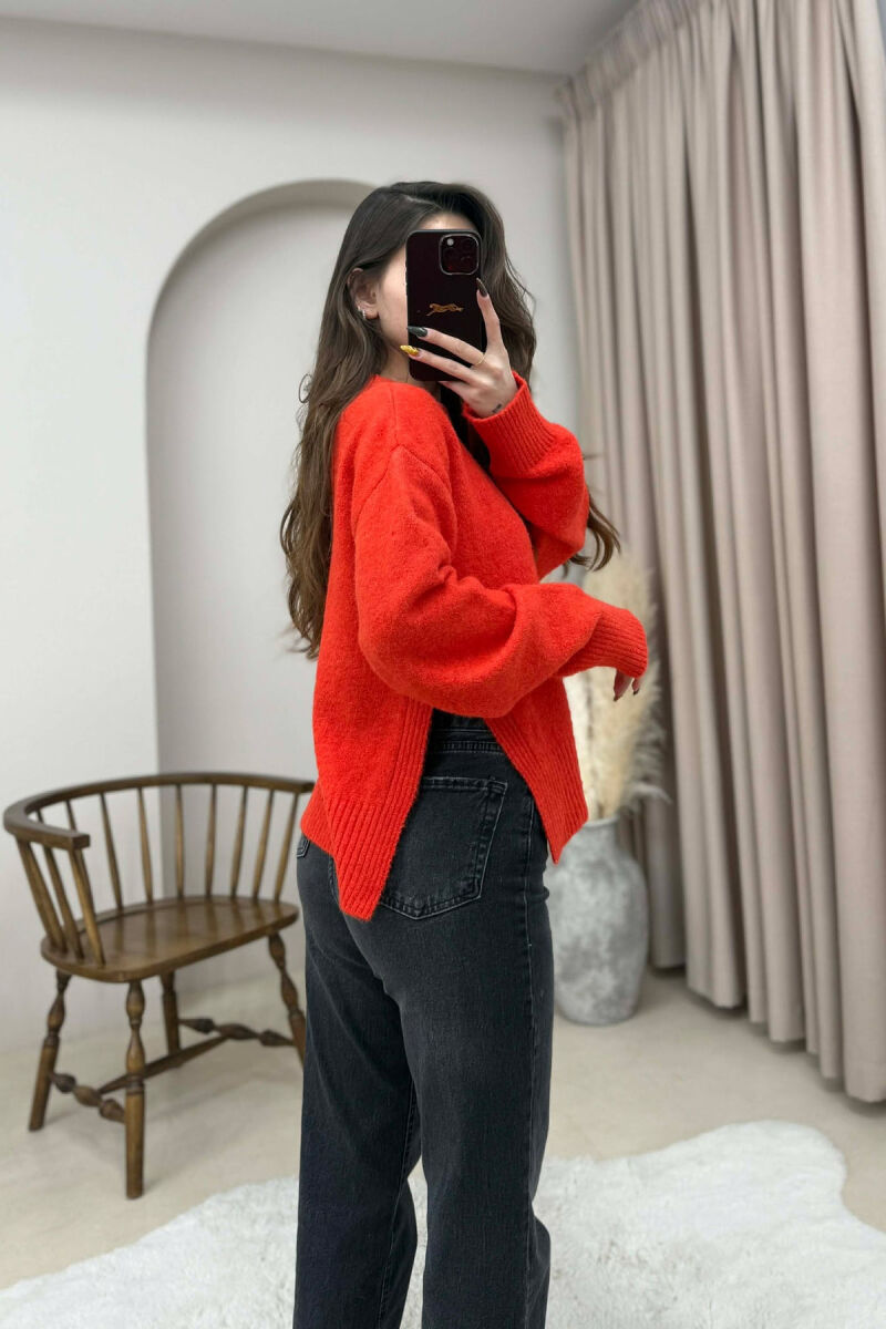 ONE COLOR ROUND NECK KNITTED WOMEN SWEATER ORANGE/PORTOKALLI - 4