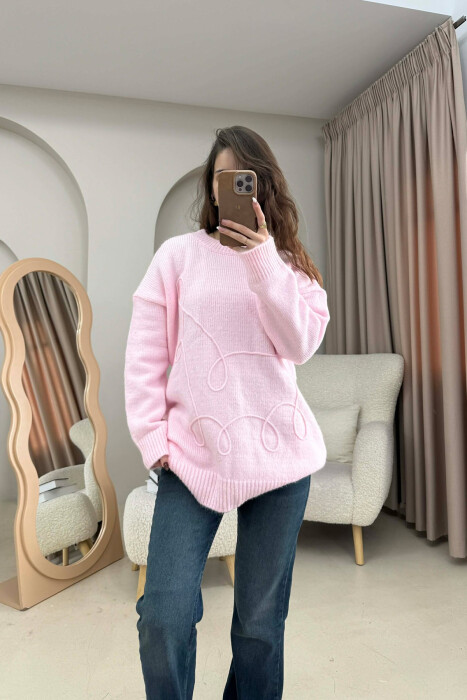 ONE COLOR ROUND NECK KNITTED WOMEN SWEATER PINK/ROZE 