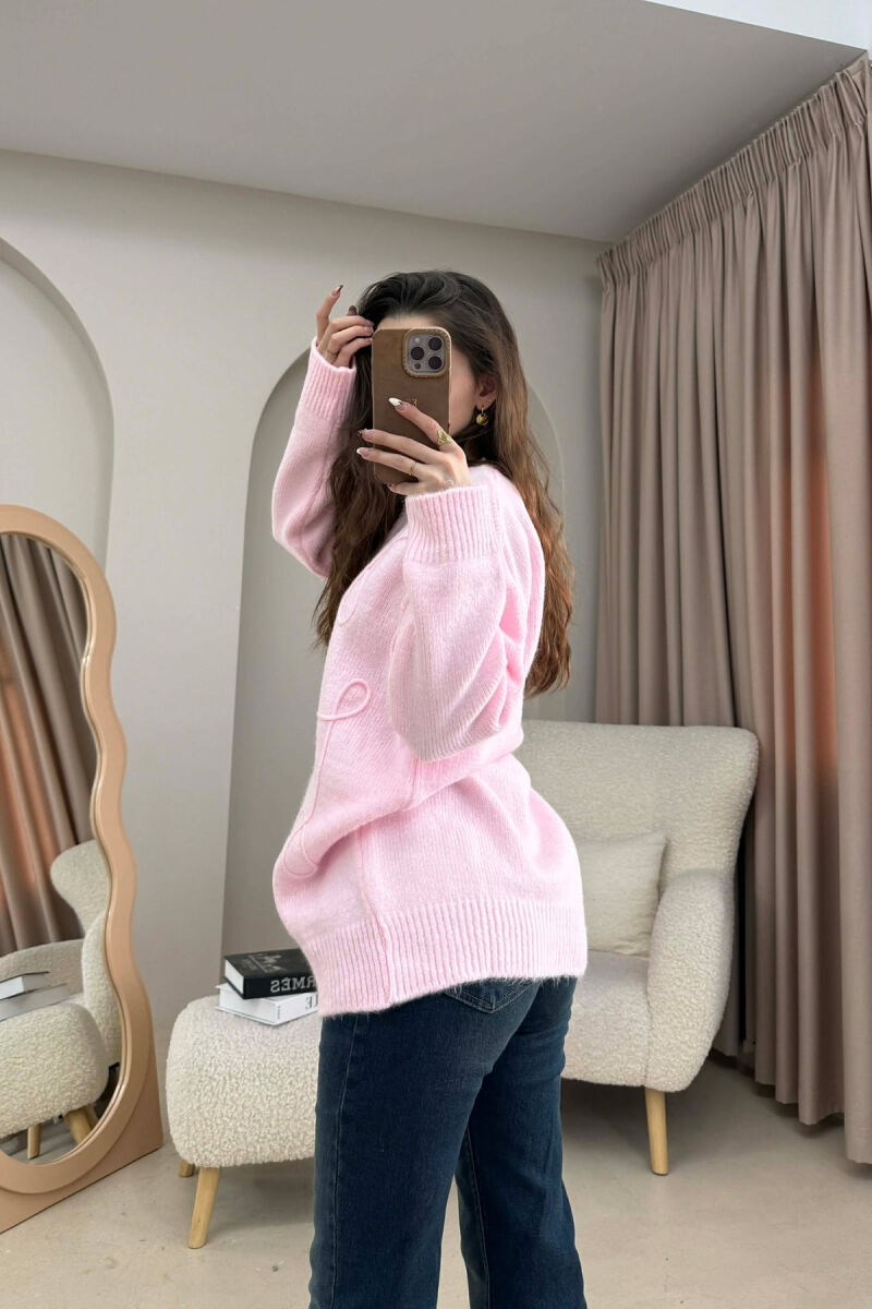 ONE COLOR ROUND NECK KNITTED WOMEN SWEATER PINK/ROZE - 2