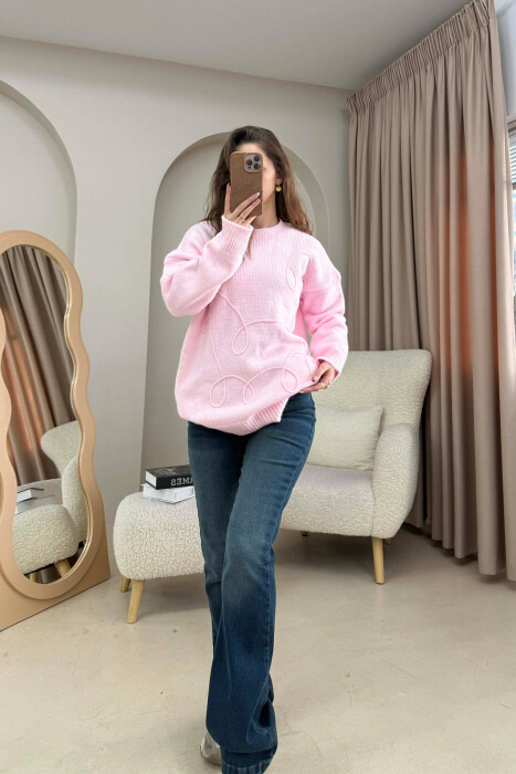 ONE COLOR ROUND NECK KNITTED WOMEN SWEATER PINK/ROZE - 3