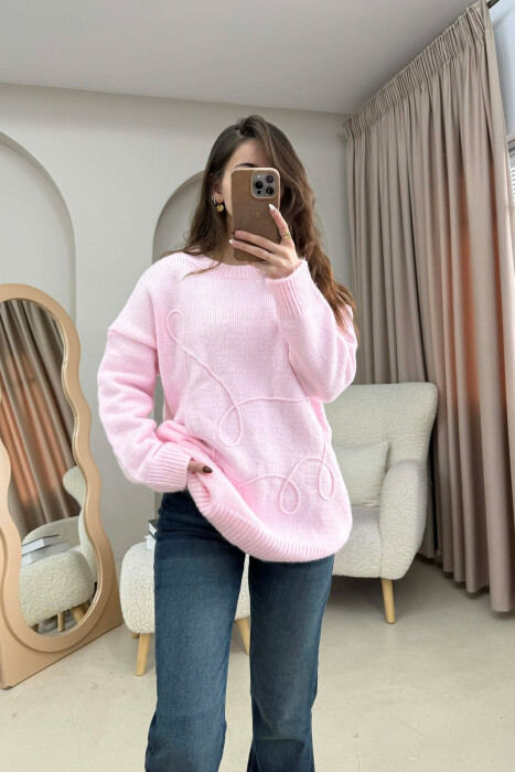 ONE COLOR ROUND NECK KNITTED WOMEN SWEATER PINK/ROZE - 4