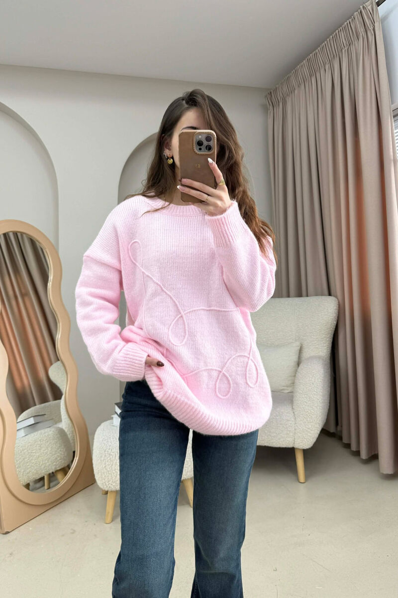ONE COLOR ROUND NECK KNITTED WOMEN SWEATER PINK/ROZE - 4