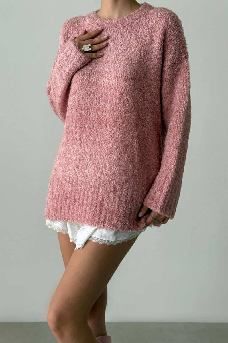 ONE COLOR ROUND NECK KNITTED WOMEN SWEATER POWDER/PUDER - 1